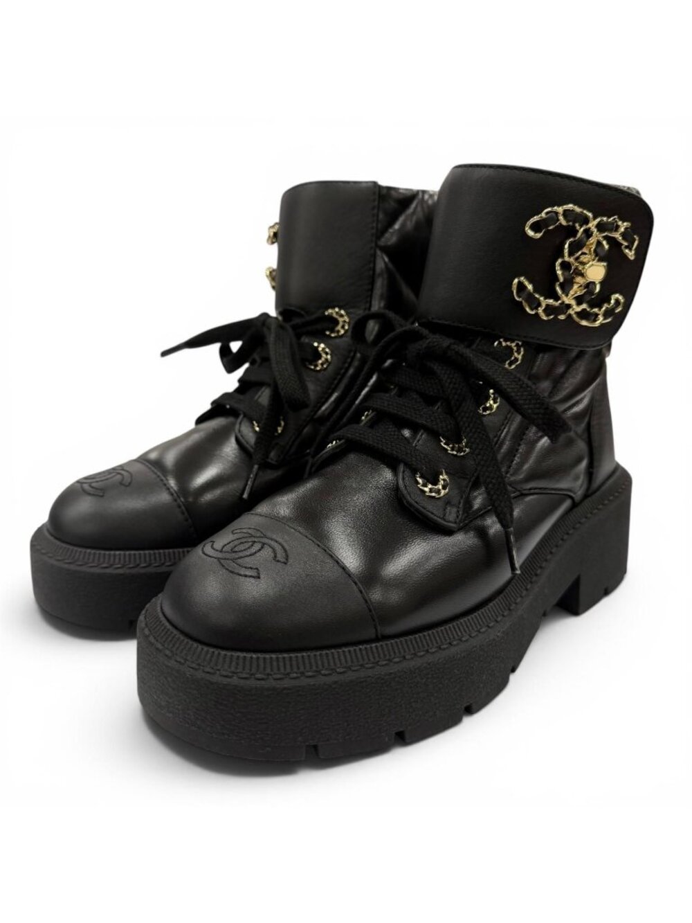Chanel Quilted Chain CC Logo Turnlock Leather Short Boots Black 34 with